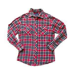 Vtg 90s Wrangler Mens Flannel L Red Plaid Pearl Snap Western Cabincore Outdoor